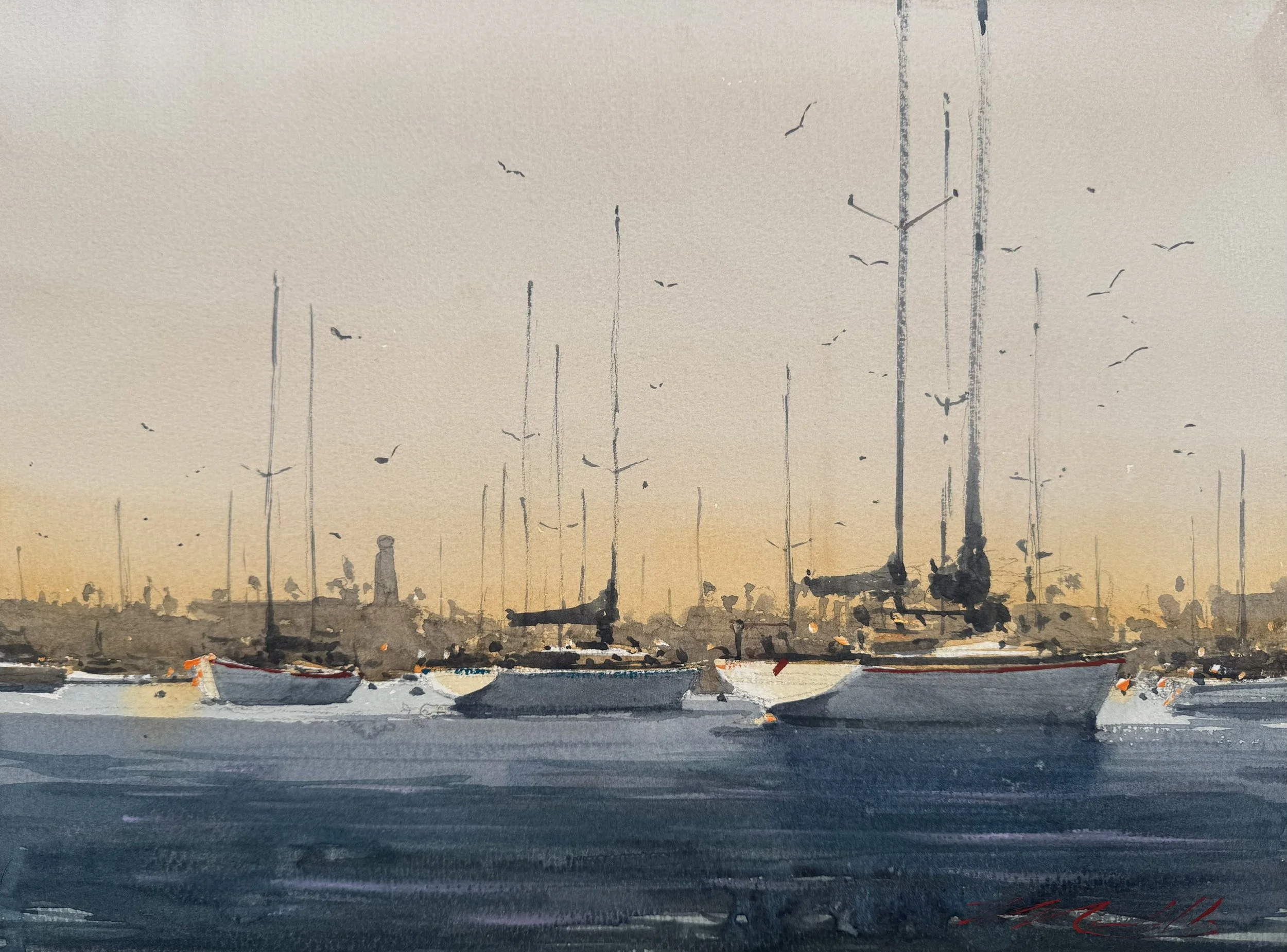 "Harbor Highlights" 12x16 Watercolor By Daniel Marshal