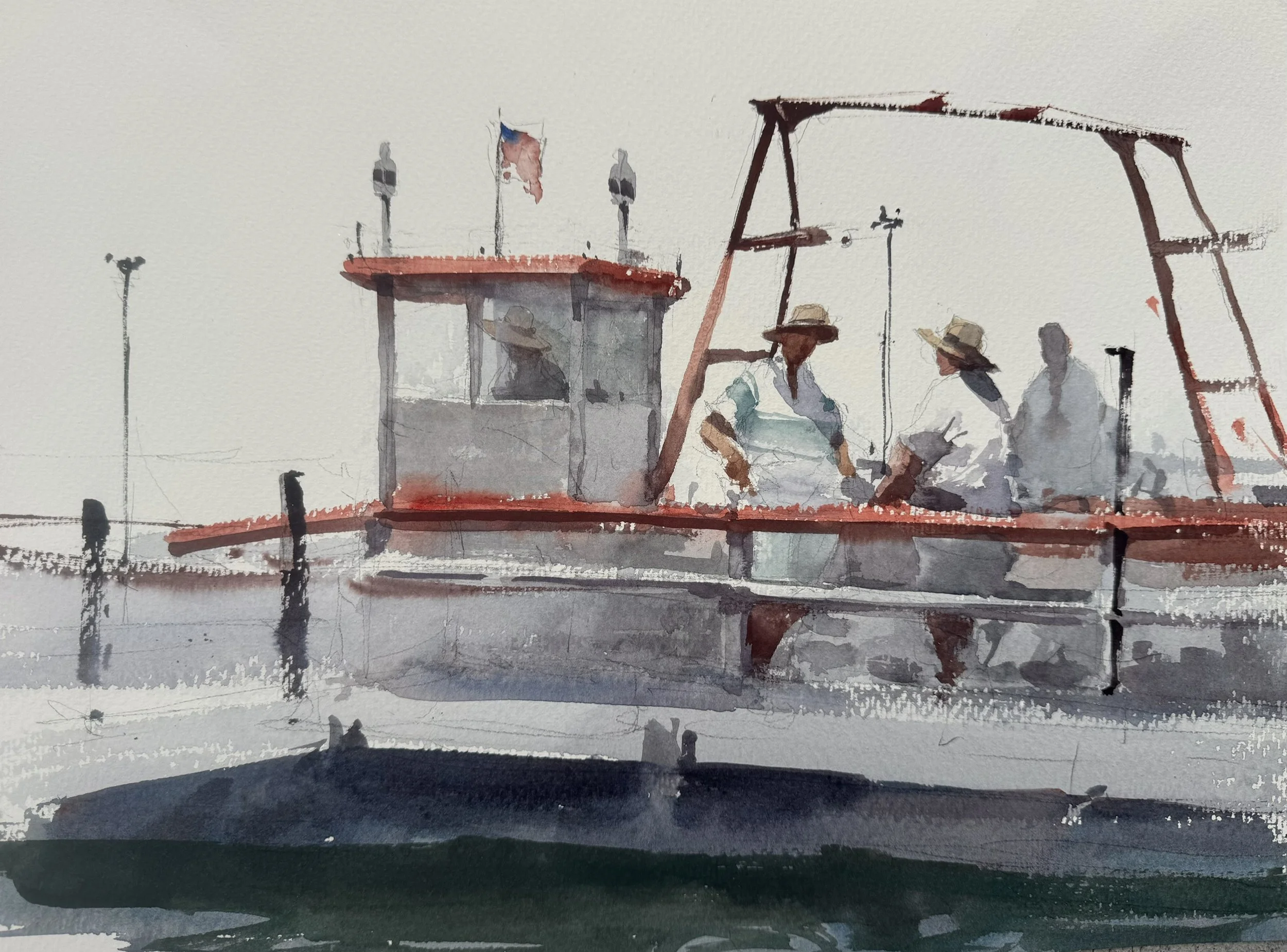 "Ferry Chat" 12x16 Watercolor By Daniel Marshal