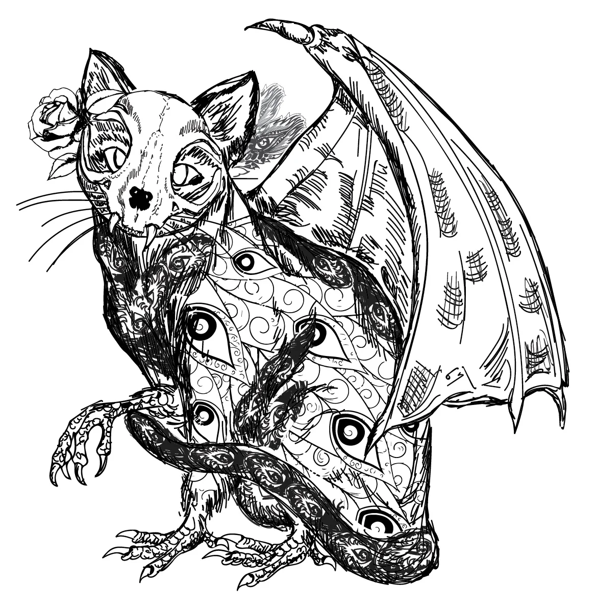 this sketch of a winged and feathered cat with eagle feet and skull mask is a character design for published author juliane bay jensen. it can be purchased in the store