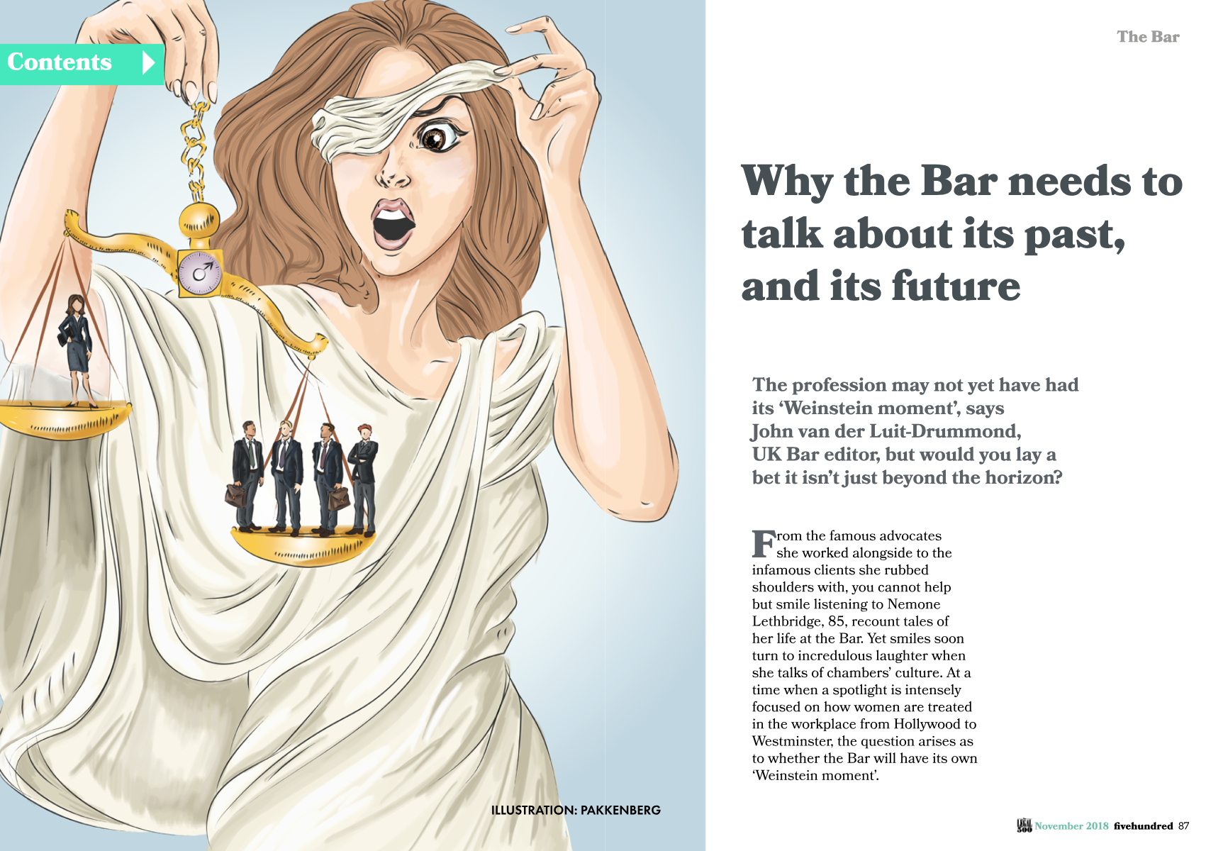 Lady Justice double page spread from fivehundred magazine . Illustration for a feature concerning gender equality in legal/law business