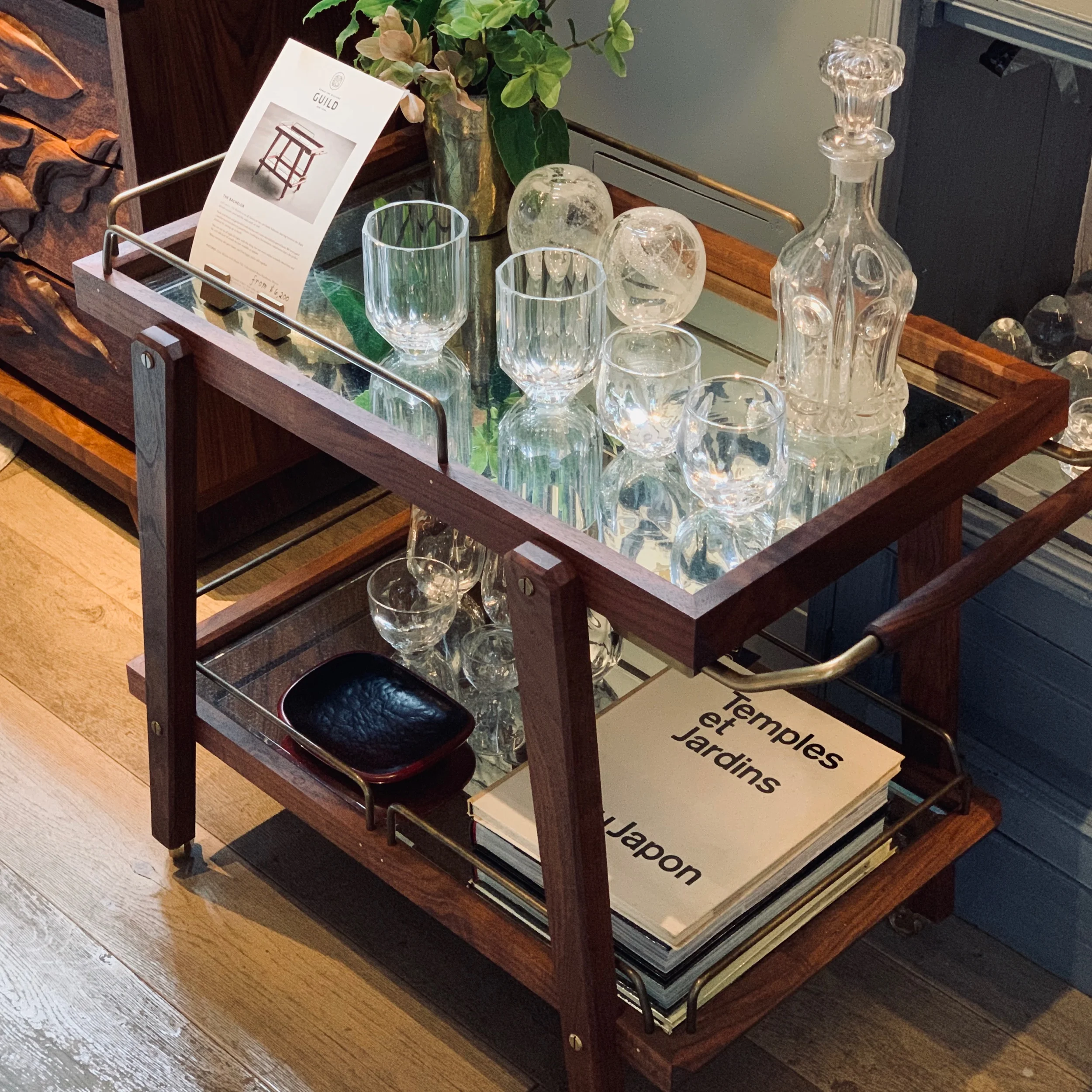 Glassware and barcart by RW Guild.