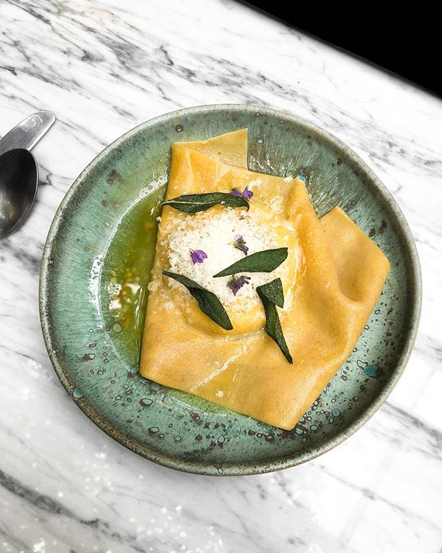 Whenever there&rsquo;s a pasta/sage/butter combination on the menu, I order it. This was a giant ravioli stuffed with ricotta and an egg yolk. From Sunday&rsquo;s snack at @aperimx in San Miguel.