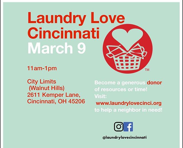 Time to kick off our first of our monthly Laundry Love Cincinnati events!!
.
.
Meet us from 11-1pm today at 2611 Kemper Lane in the Walnut Hills neighborhood of Cincinnati to get your laundry done for free!
.
.
.
Let's put on an awesome event and mak