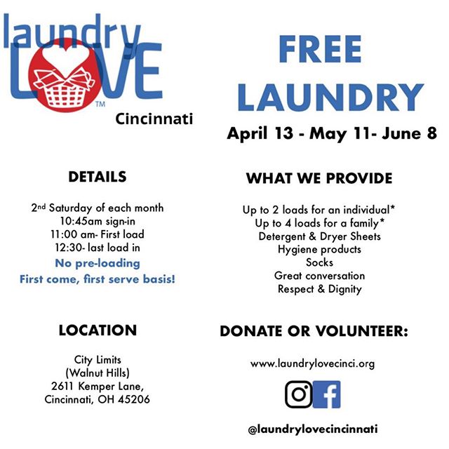 Walnut Hills/Cincinnati, are you ready for our next free laundry days? Our next is next Saturday, April 13th, so save the date!
.
 All you have to do is bring your laundry and we'll help take the load off! (Get it...? 😅)
.
Don't forget to spread the