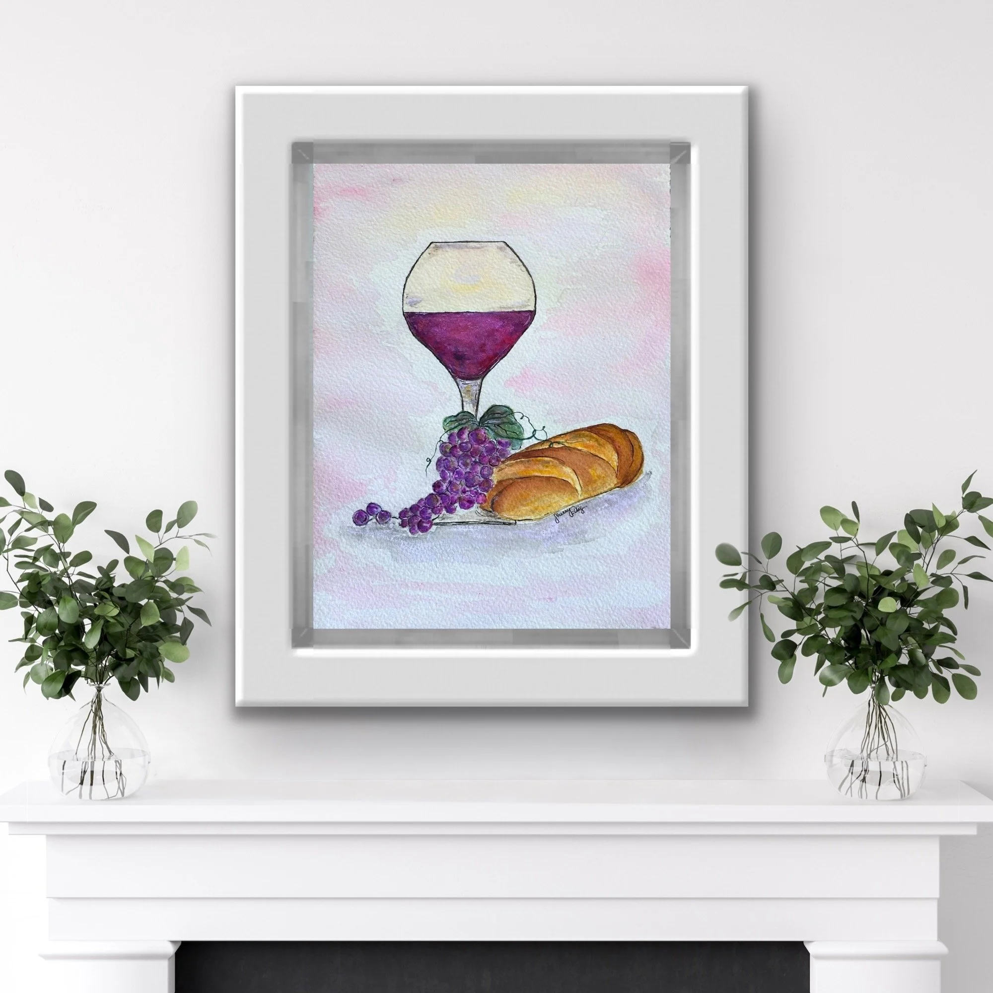 Painting of wine, bread, and grapes, representing the Lord's Supper