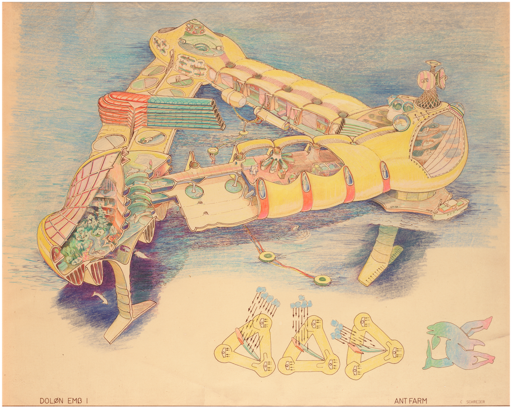 Fig. 1. Ant Farm’s original Dolphin Embassy , conceived for the 1973 exhibition 2020 Vision (Contemporary Arts Museum Houston), also referred to as the ‘RV John Lilly’ to distinguish it from later iterations. Ant Farm, DOLON EMB 1 (Drawing by Curtis Schreier). 1975, hand colored brownline, 18x22 in. Berkeley Art Museum & Pacific Film Archive, 2005.14.66.