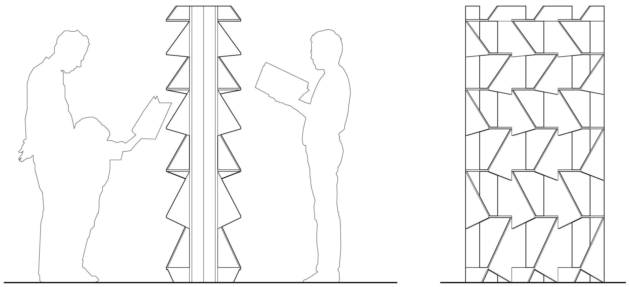 The freestanding, double-sided shelving is tall enough to act as a room-divider but not so tall as to make the top shelf unreachable.