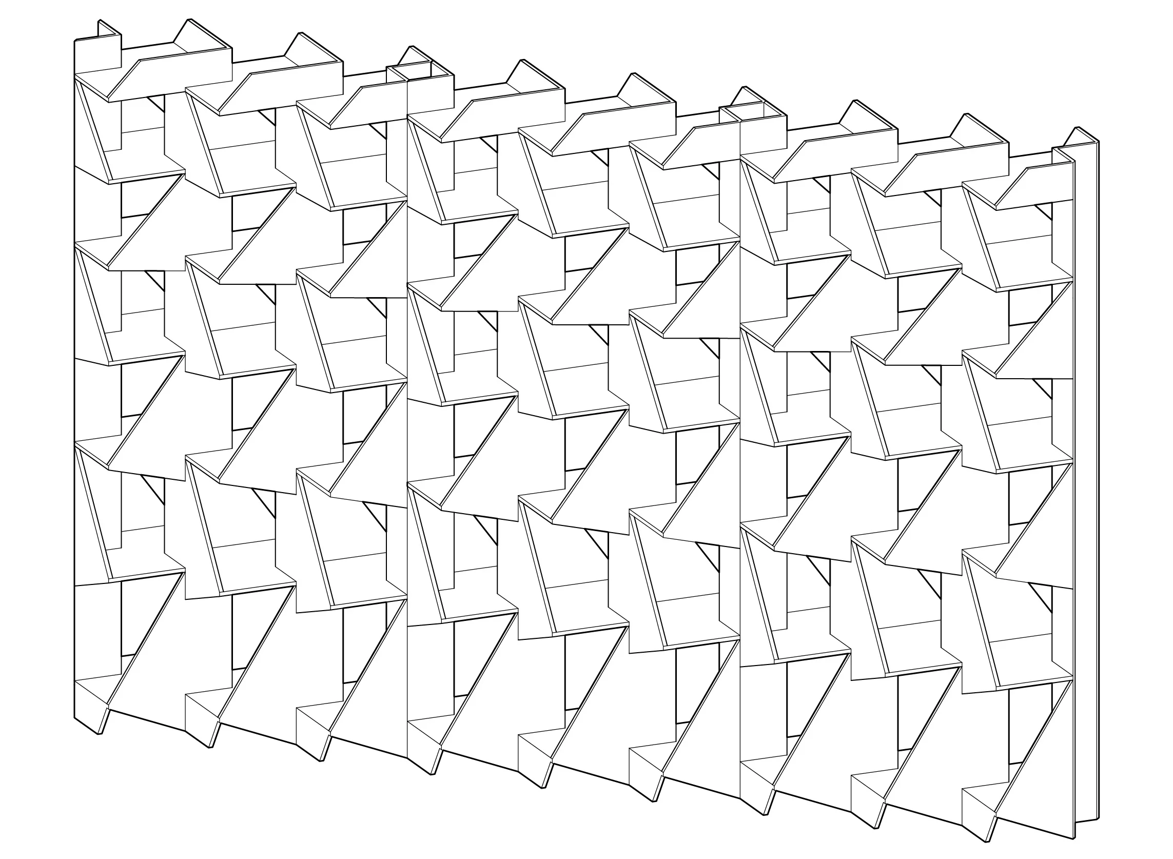 The modular shelving expands with the multiplication of the basic 3’x6’ unit.