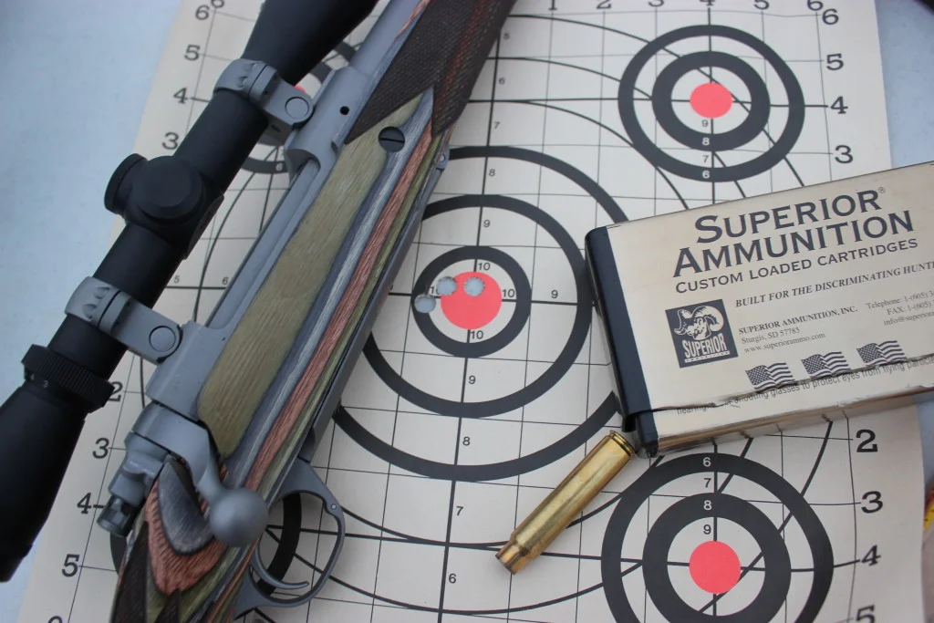 After sighting in at 25 yards, you can move to 100 yards and expect to be quite close. This group was produced at 100 yards using a Ruger Guide Gun in .375 Ruger. 