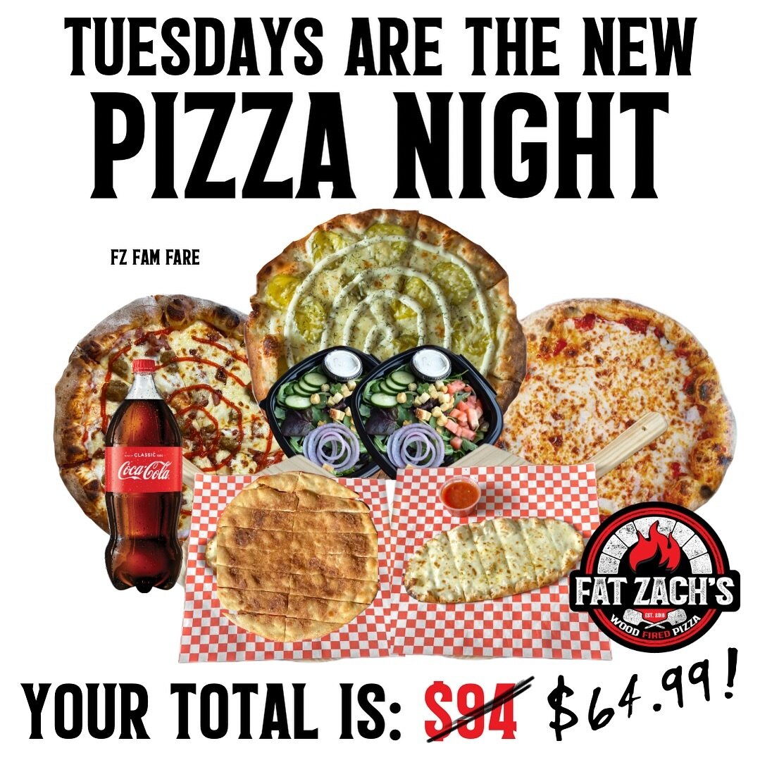 🎉🍕 Introducing Together Tuesdays at Fat Zach&rsquo;s! 
Gather &lsquo;round for a feast fit for the whole fam with our incredible Fat Zach Fam Fare &ndash; valued at $94, but yours for only $64.99! 🥳 Enjoy 3 pies, 2 large salads, 1 garlic cheese br