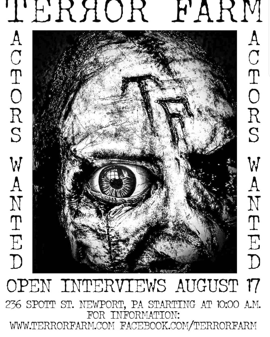 Actor interviews at the haunted house start Saturday August 17 at 10 am!  Come check us out!  #terrorfarm #hauntedhouse #haunt #newport #pennsylvania #perrycounty #terror #farm #scary #halloween #acting #act #spooky #ghost #monster #killer #cannibal 
