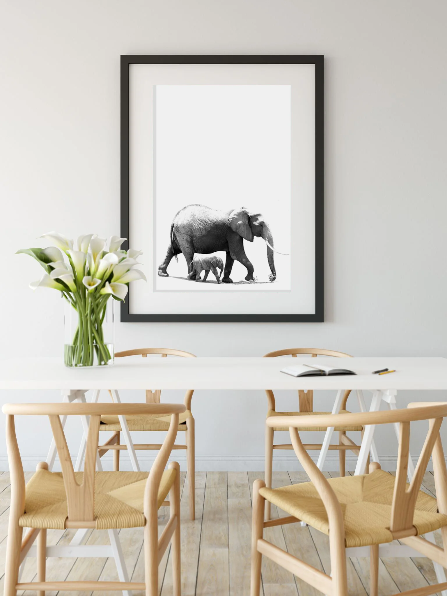 Black and White Elephant Mother and Baby Poster Print