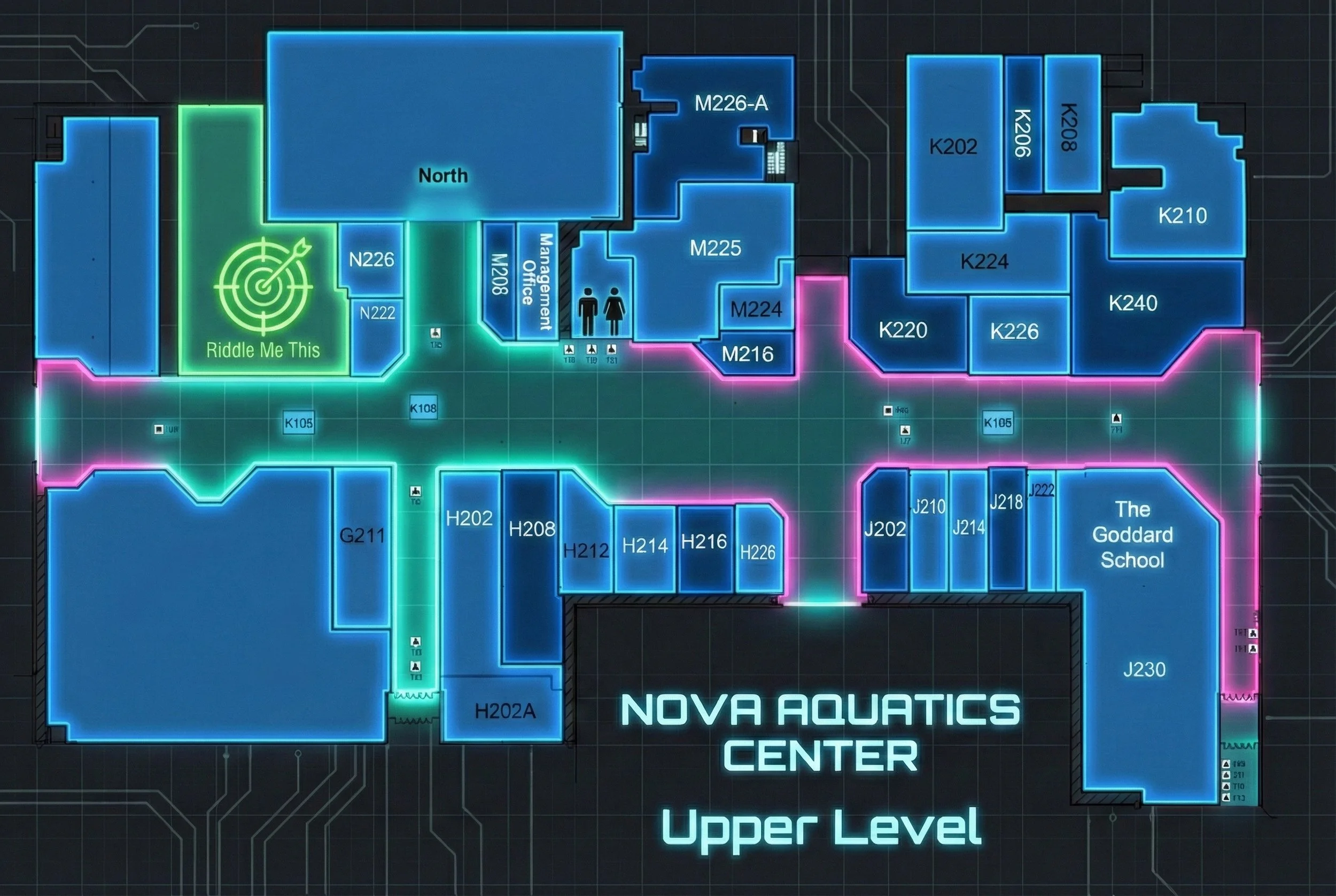 Map of Regency Mall upper level showing Riddle Me This Escape Rooms location near Nova Aquatics Center