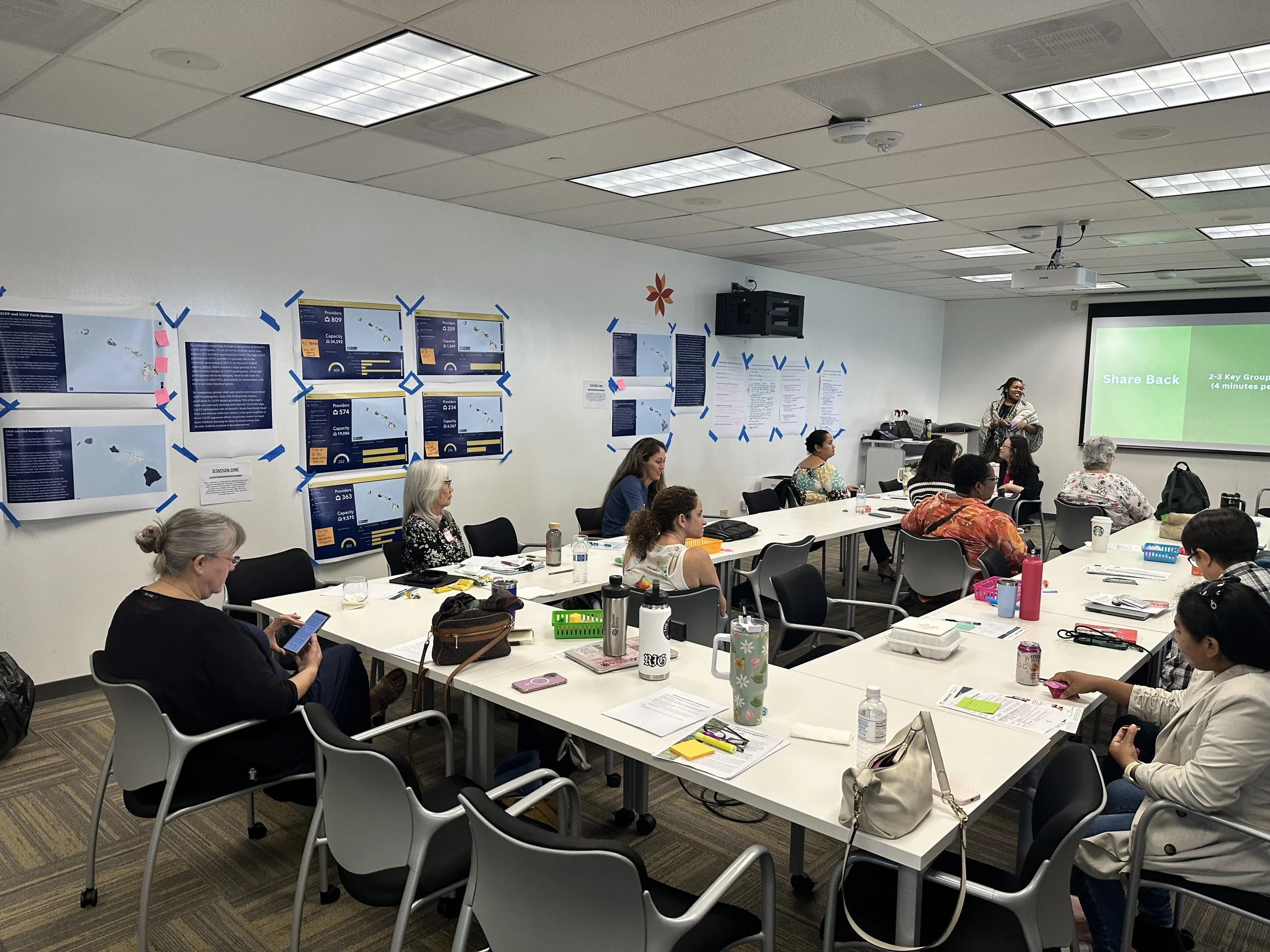 A classroom or conference room filled with mostly women sitting around tables, some listening attentively, others using their phones. A woman is standing at the front near a presentation screen with a slide that says "Share Back" and mentions 2-3 key
