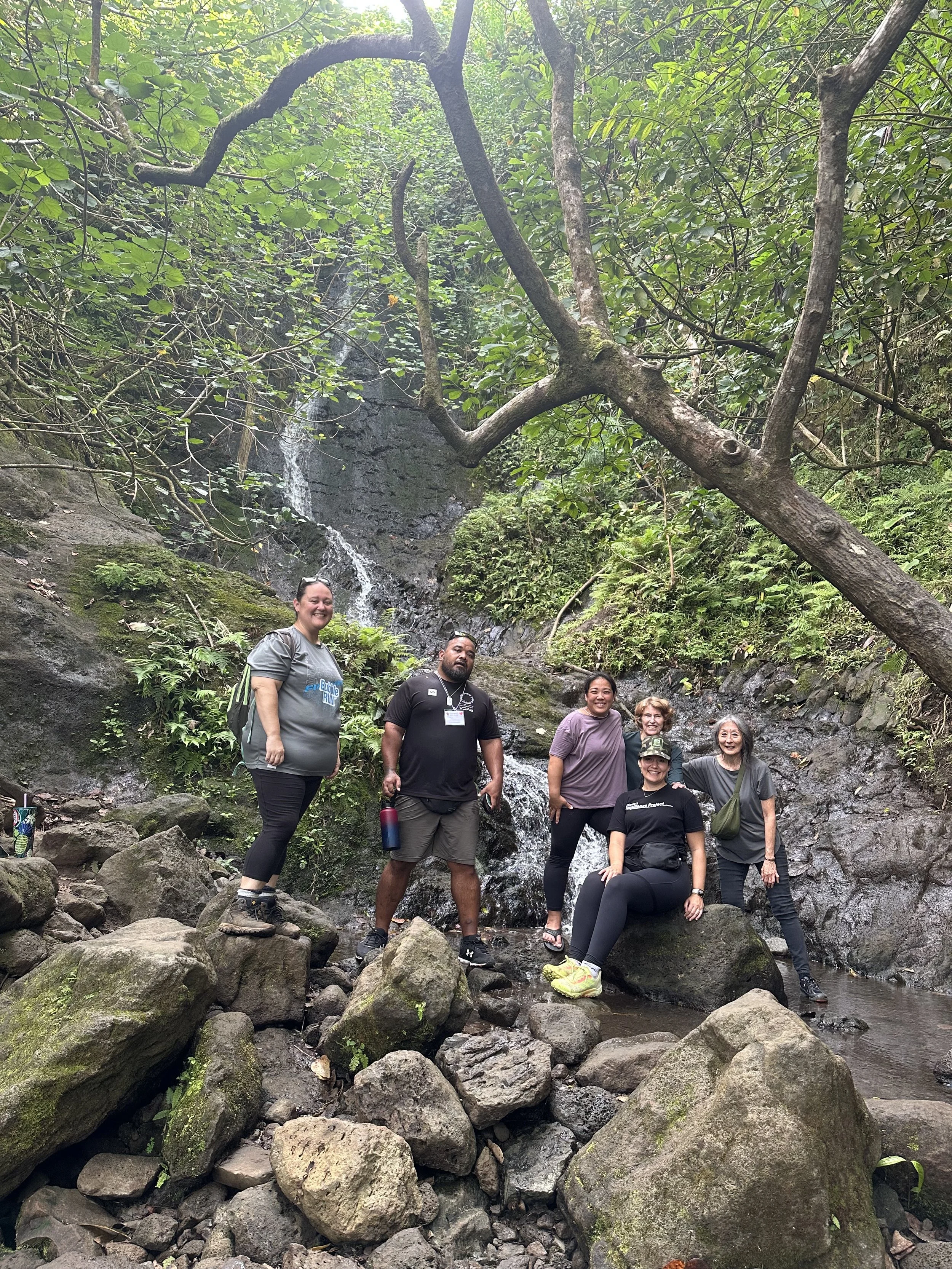 A group of seven people standing on rocks in front of a small waterfall in a lush green forest, smiling at the camera.