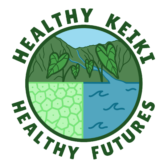 Circular logo with the text 'Healthy Keliki Healthy Futures' surrounding a landscape scene divided into four sections: mountain with plants and a river, a honeycomb pattern, and flowing water.