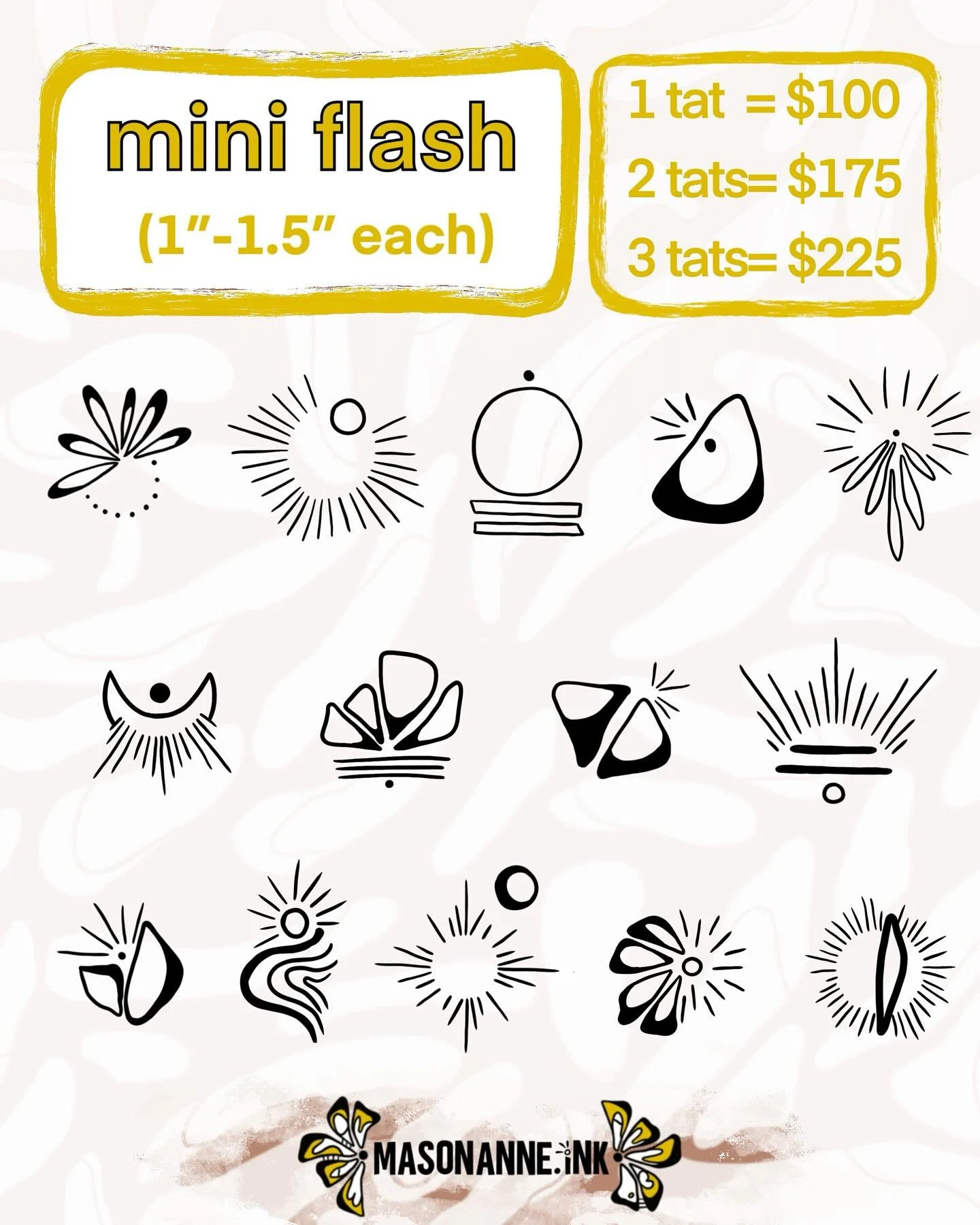 Fall Flash 2025 🍁 starting fall off with some mini flash for yall!

- books open
- pricing only applies for designs 1&rdquo;-1.5&rdquo;
- flash designs can be tatted larger then 1.5&rdquo;, refer to the flash price scale in my pricing highlight 

#t
