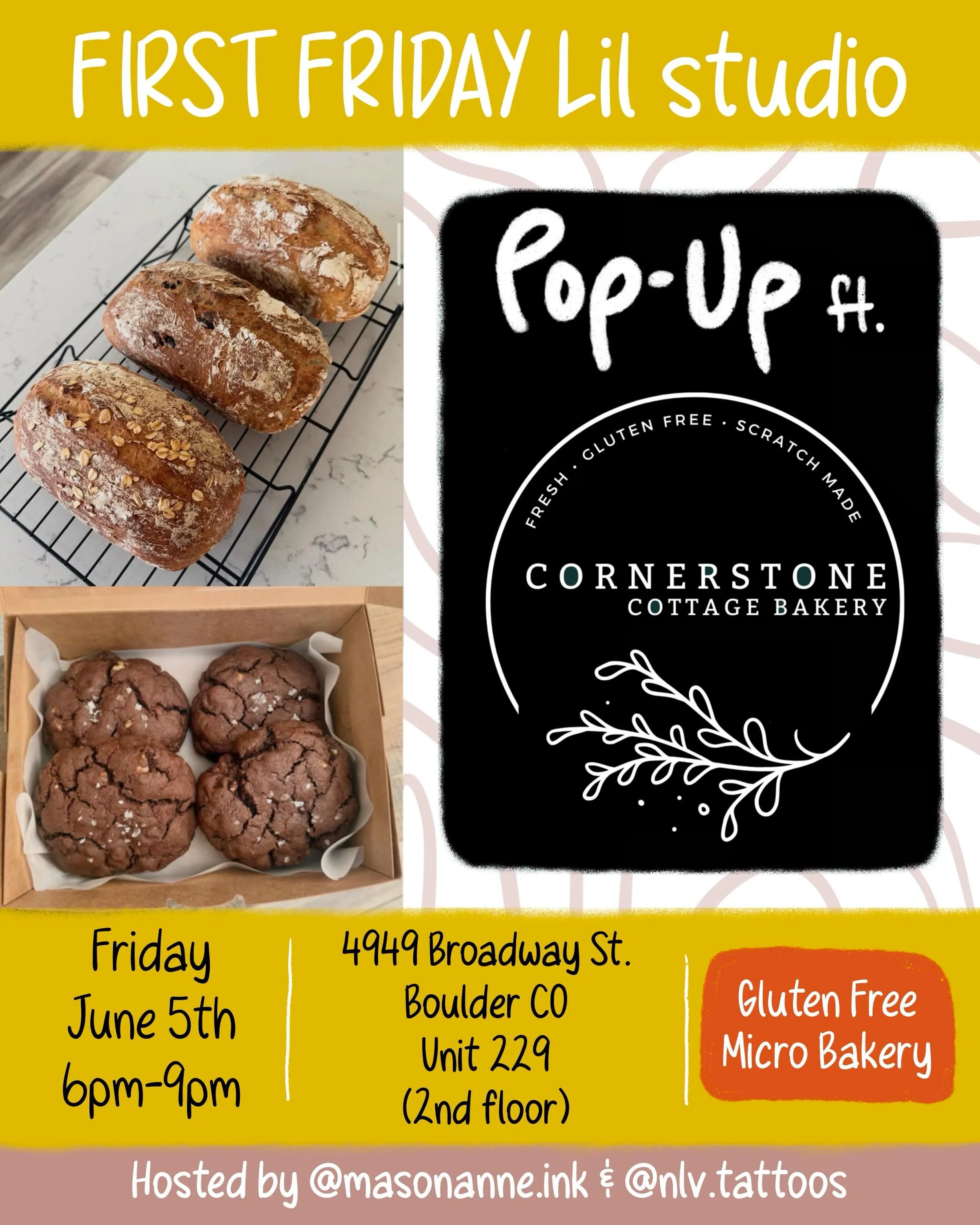 We are SO excited to announce June&rsquo;s special First Friday pop-up with @cornerstonebakeryco ! Our friend Alex is the baker and founder of Cornerstone Cottage Bakery, a local gluten free micro-bakery. We are thrilled to have Alex back and can&rsq