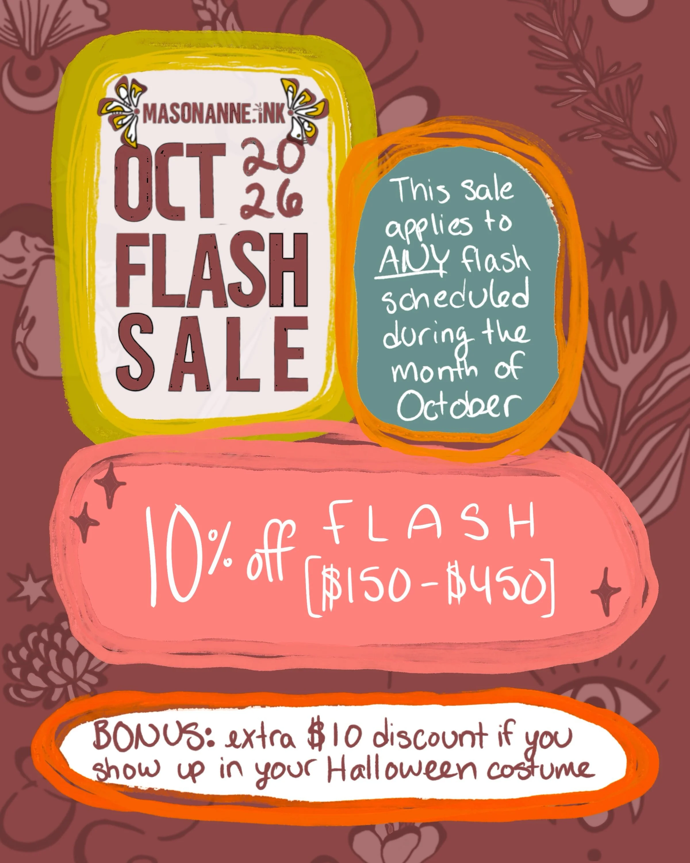 As promised, I put together a flash sale for the month of October! Why? Because there&rsquo;s SO much to celebrate&hellip; 
 ✷ fall🍁spooky season 
 ✷ 4 year tattoo-versary 
 ✷ reaching 3k
 ✷ my birthday 

ℹ️ This sale includes any flash on my site b