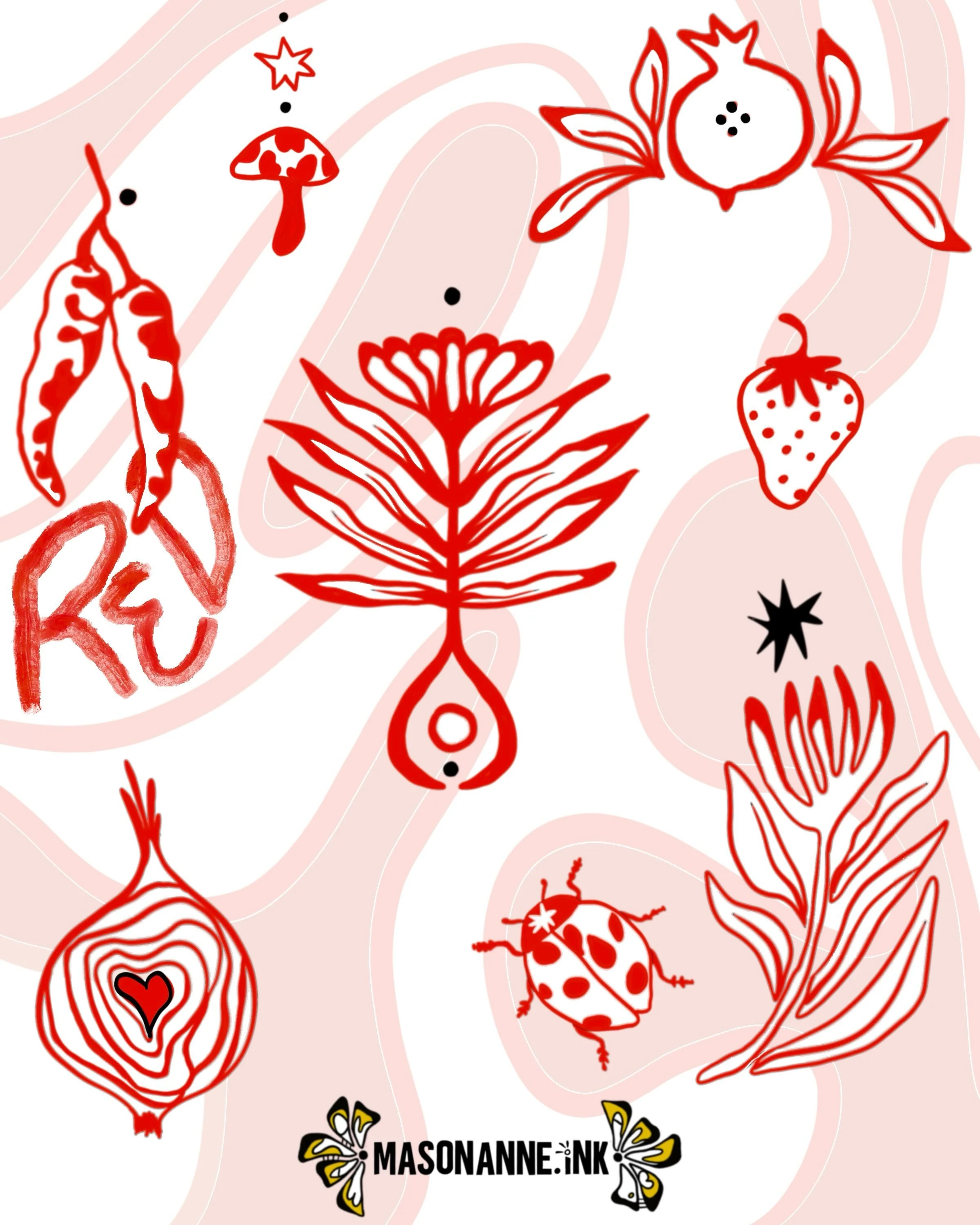 Fall 2026 flash🍓 iv been excited lately about working with more red ink so I decided to redraw some old flash for y&rsquo;all in red! You&rsquo;re welcome to get any flash I have posted in red, these were just the ones that called to me :)

Booking 