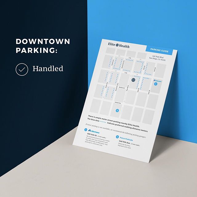 Feeling stressed about finding downtown parking? Stress no more! We made some handy little parking guides so you know exactly where to find parking near Elite Health. Pick one up at your next visit or we can email one to you beforehand!