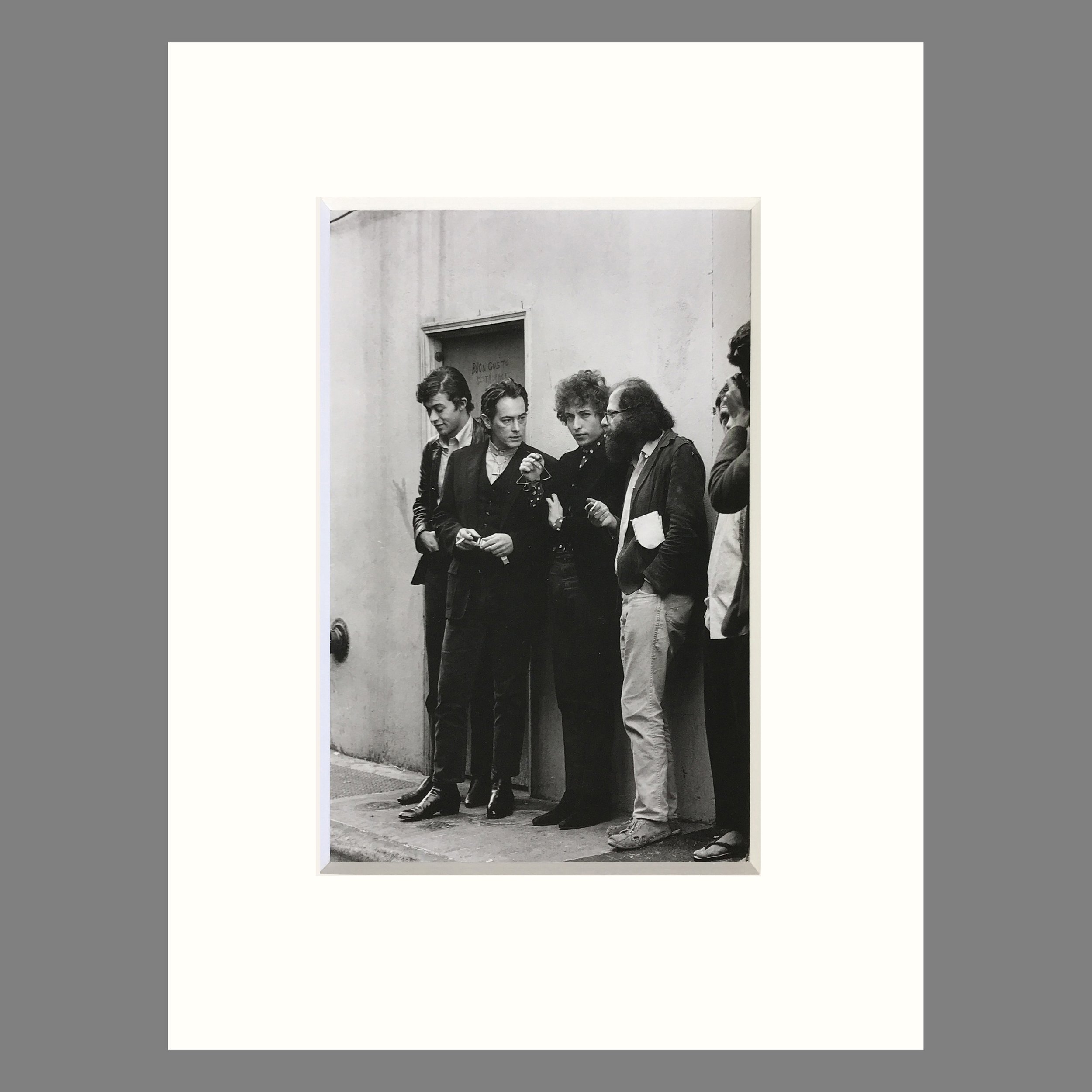 Robbie Robertson, Michael McClure, Bob Dylan, Alan Ginsburg, San Francisco 1965 - Jim Marshall Photograph - Matted Print 9 x 12 inches