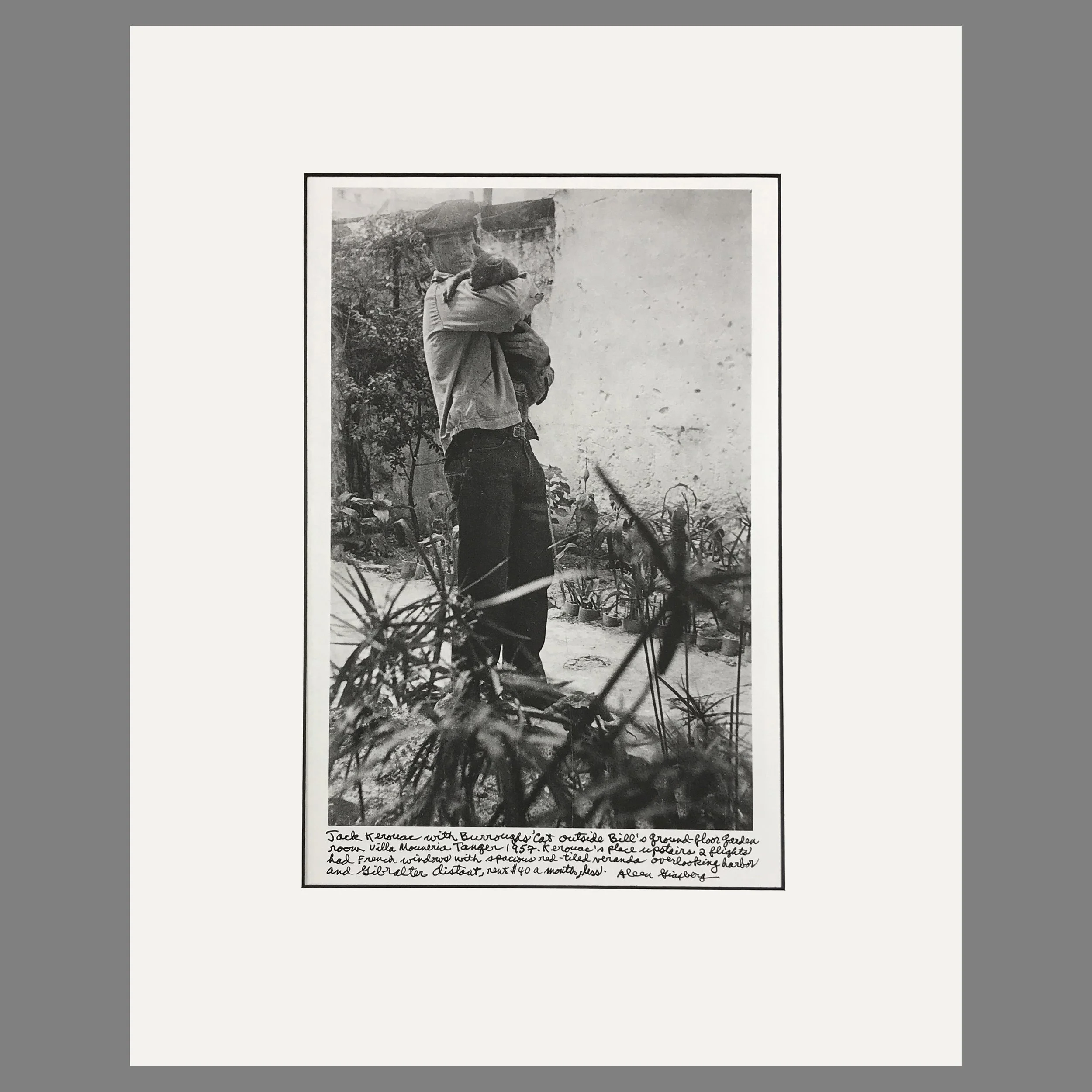 Jack Kerouac with William Burroughs Cat, Tangier, 1957 - Allen Ginsberg Photograph - 16 x 20 Matted Print