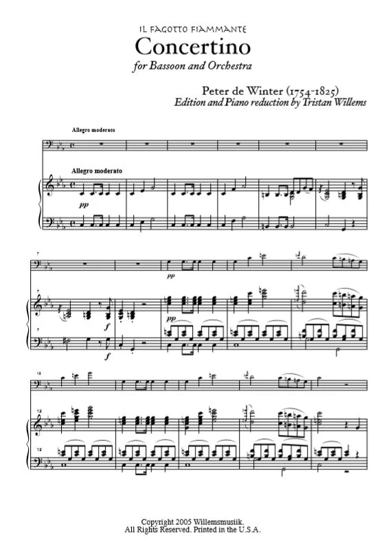 Peter de Winter - Concertino for Bassoon (Piano Reduction)