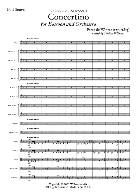 Peter de Winter - Concertino for Bassoon (Full Score Only)