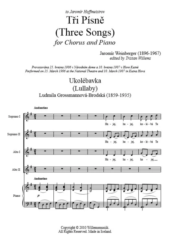 Jaromir Weinberger - Tři Písně (Three Pieces) for Women's Chorus and Piano