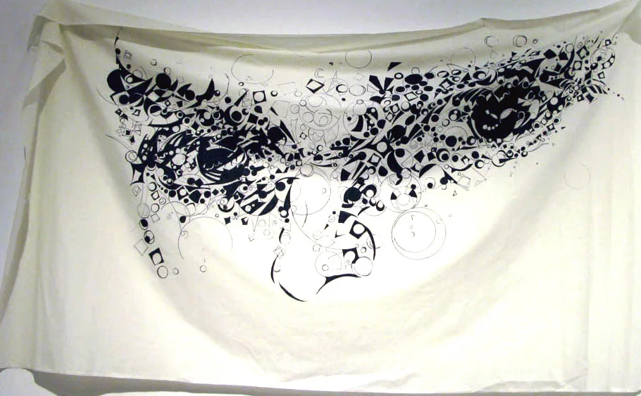 Do You See What I See?; Drawing Anime eyes was my favorite doodling during what seemed like interminable school days in Korea. With it, I drew how I feel as an immigrant, always wondering whether what I saw is what others saw. 72 x48 muslin, Ink