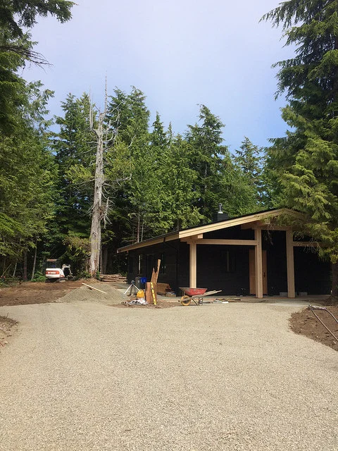 Exterior and landscaping is a work in progress. We love how our timber frame home fits in with its natural environment and can't wait to get the grounds really lush again.