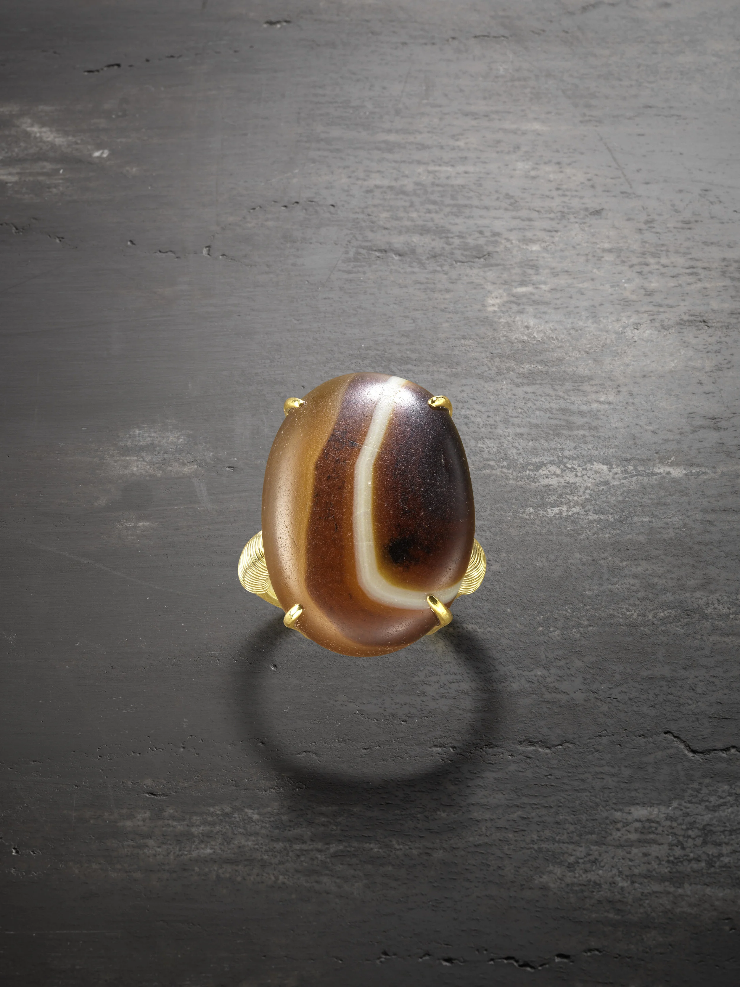 Brown-and-white banded Madagascar pebble agate ring