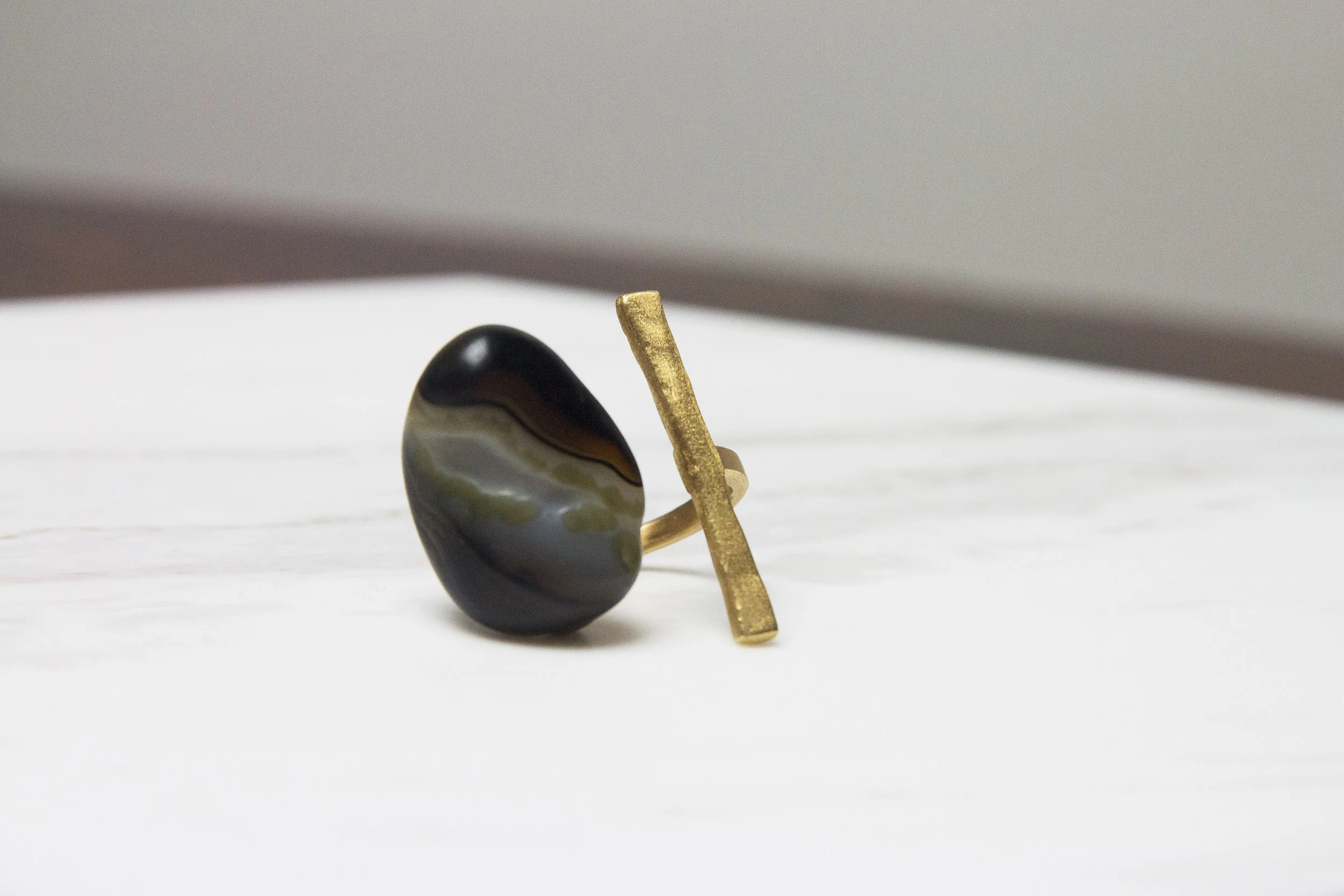 Banded Madagascar agate pebble ring