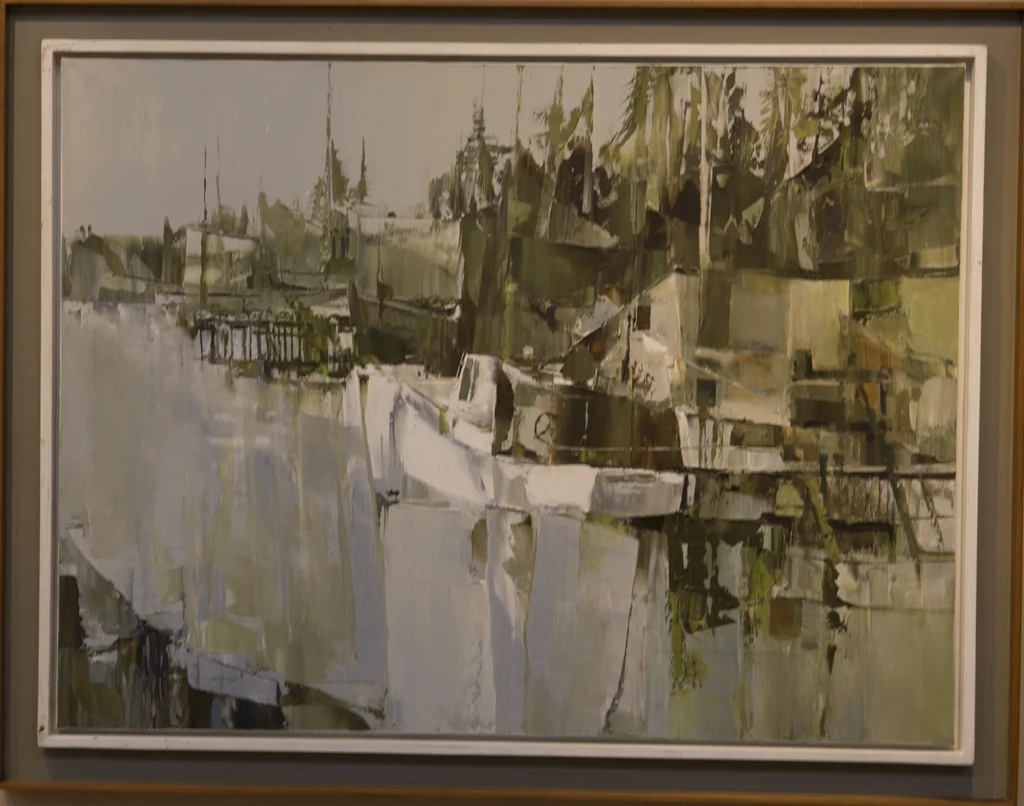 Lot # 98 : White Fishing Boat Against Dark Green Tall Evergreens
