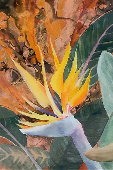   Susan Daly ,  Bird of Paradise 	 Watercolor Collage, 21 x 14 in.	  $600  