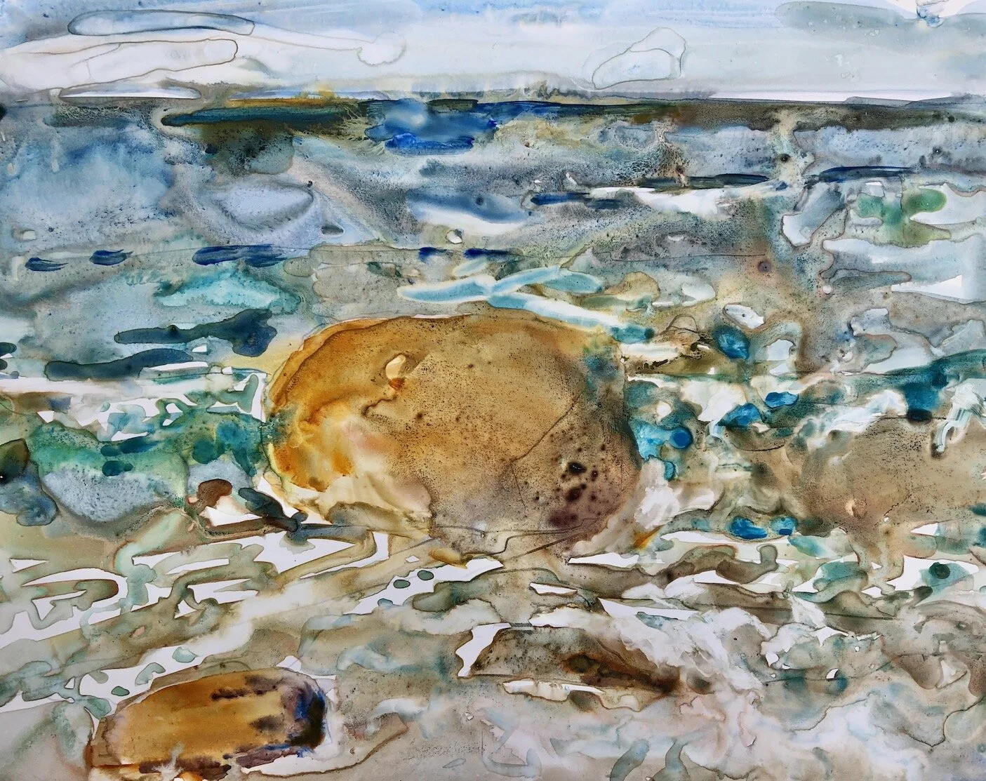 Leigh Slingluff , Waves vs. Rocks, Round 1 Watercolor on Yupo, 8 x 10 in. $400
