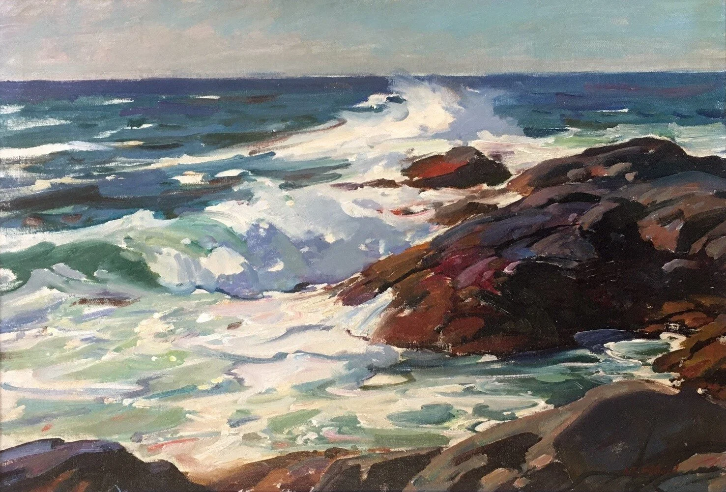  Last Year’s Feature Consignment:  Lot 15 (2021) -  Aldro T. Hibbard (1886-1972)   Vibrant Seascape  oil on canvas board, 18 x 26 in. 
