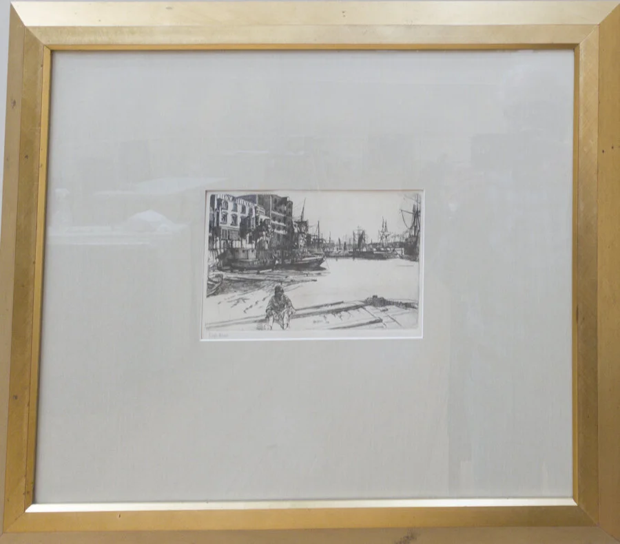 Lot 47. James A. McNeill Whistler (1834-1903) Eagle Wharf (England 1859) reproduction etching, 6 x 9.25 in., signed in plate condition: very good, estimate: $250-300 Price: $295.00 ($250+$45) (price includes 18% buyer’s premium) plus sales t
