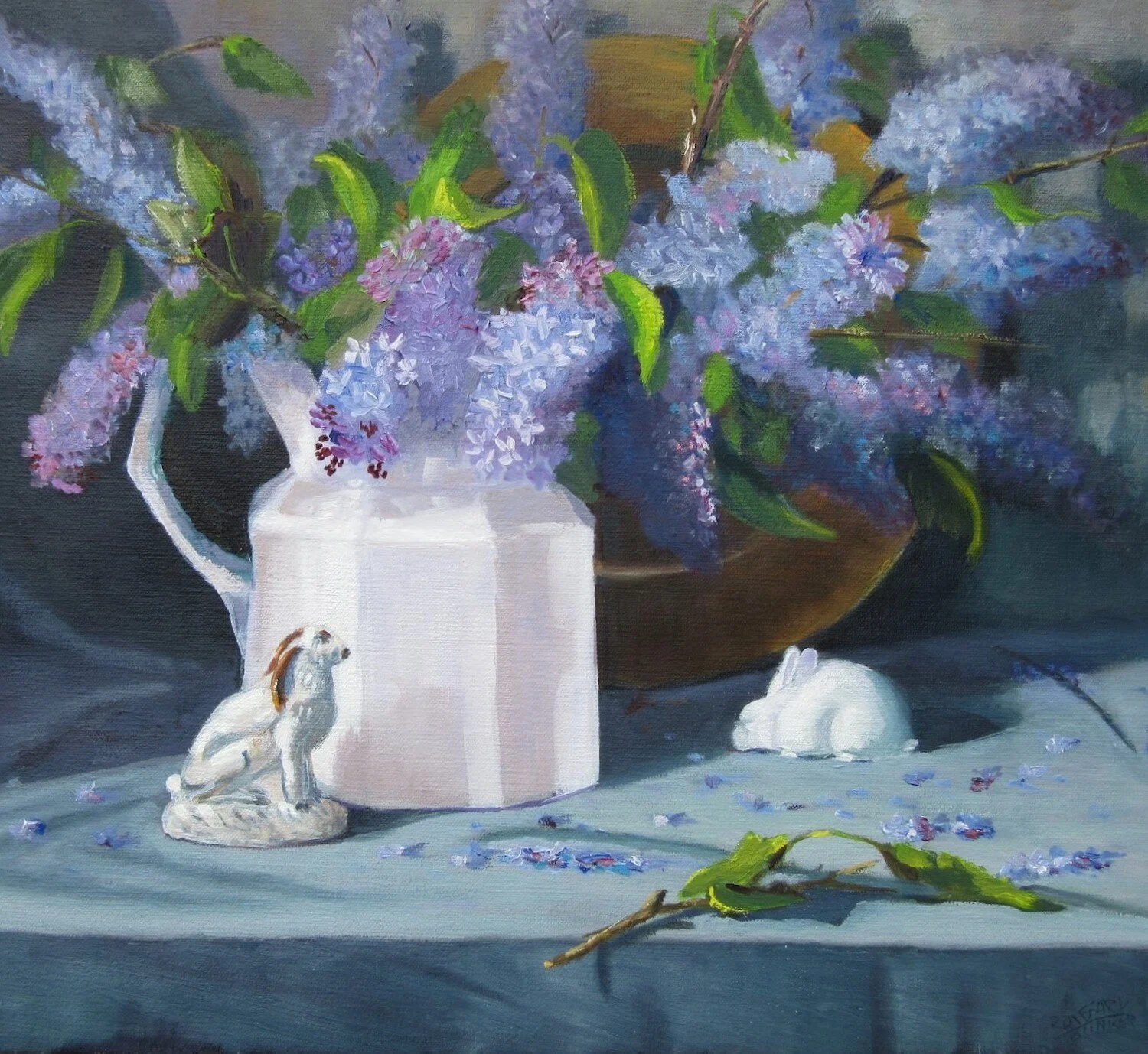   Gary Younker ,  Lilacs and Bunnys  Oil on Linen, 18 x 20 in.  $1,000                                 