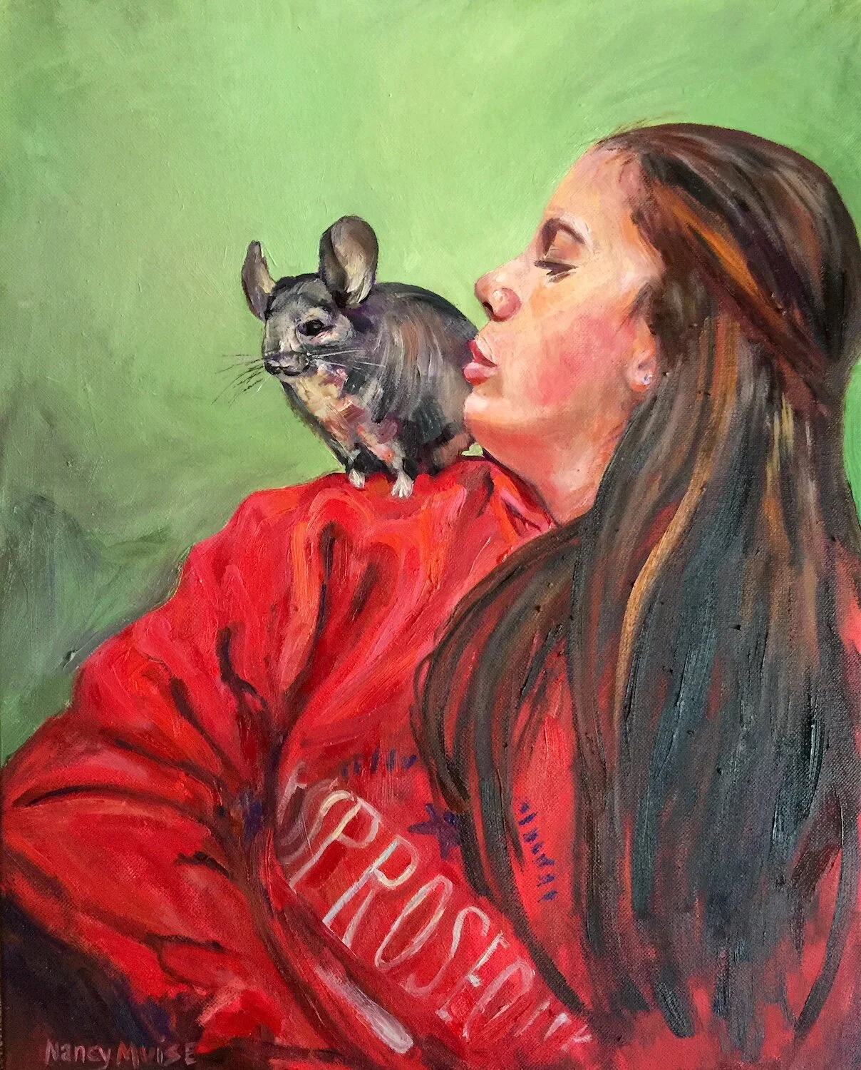 Nancy Muise , A Young Girl With Her Pet Chinchilla Oil on canvas, 20 x 16 in. $1,400 ”The young girl in the portrait is casually interacting with her pet chinchilla, which sparks a ‘playful mood.’ The pet is on her shoulder and her head is tur