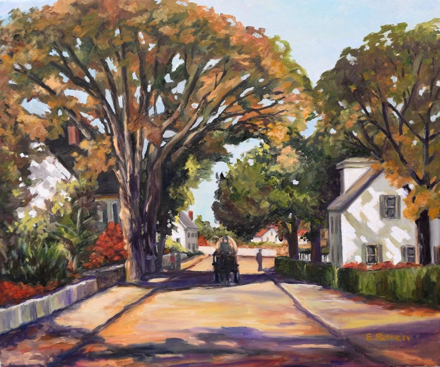   Eileen Patten Oliver ,  Upper Main Street, Rockport  Oil on canvas, 24 x 20 in.  $1,800   ”I have long admired the work of Anthony Thieme and was happy to have the opportunity to create my own version of one of his works. This one especially caught