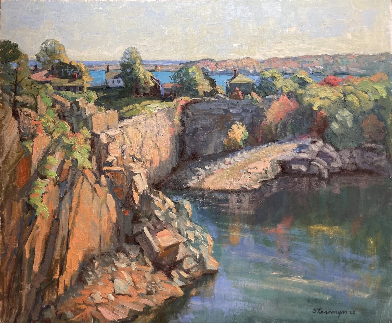   Susan Termyn,   Autumn Quarry, Rockport  Oil on linen, 20 x 24 in.  $3,200   ”William Lester Steven’s painting Rockport Quarry Pool, my selection to demonstrate the lessons and inspiration I have appreciated from Rockport’s Old Master, is executed 