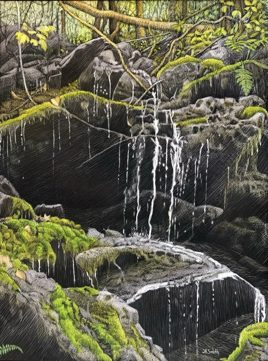   Joe Smith ,  Faerie Falls  Scratchboard, 16 x 12 in.  $950  