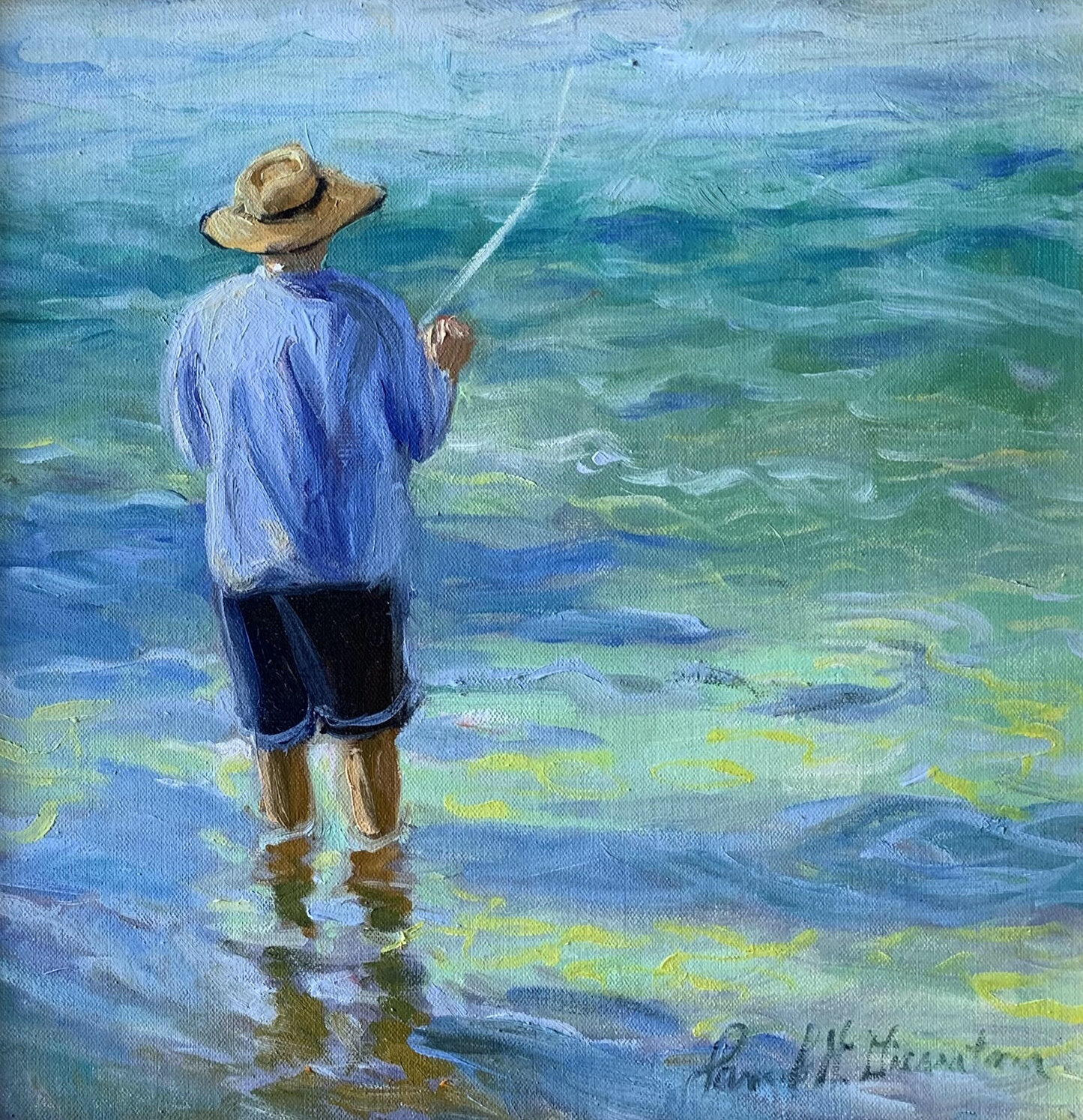 Pamela H. Giarratana , Fishing from the Shallows Oil on Linen board, 12 x 12 in. $750