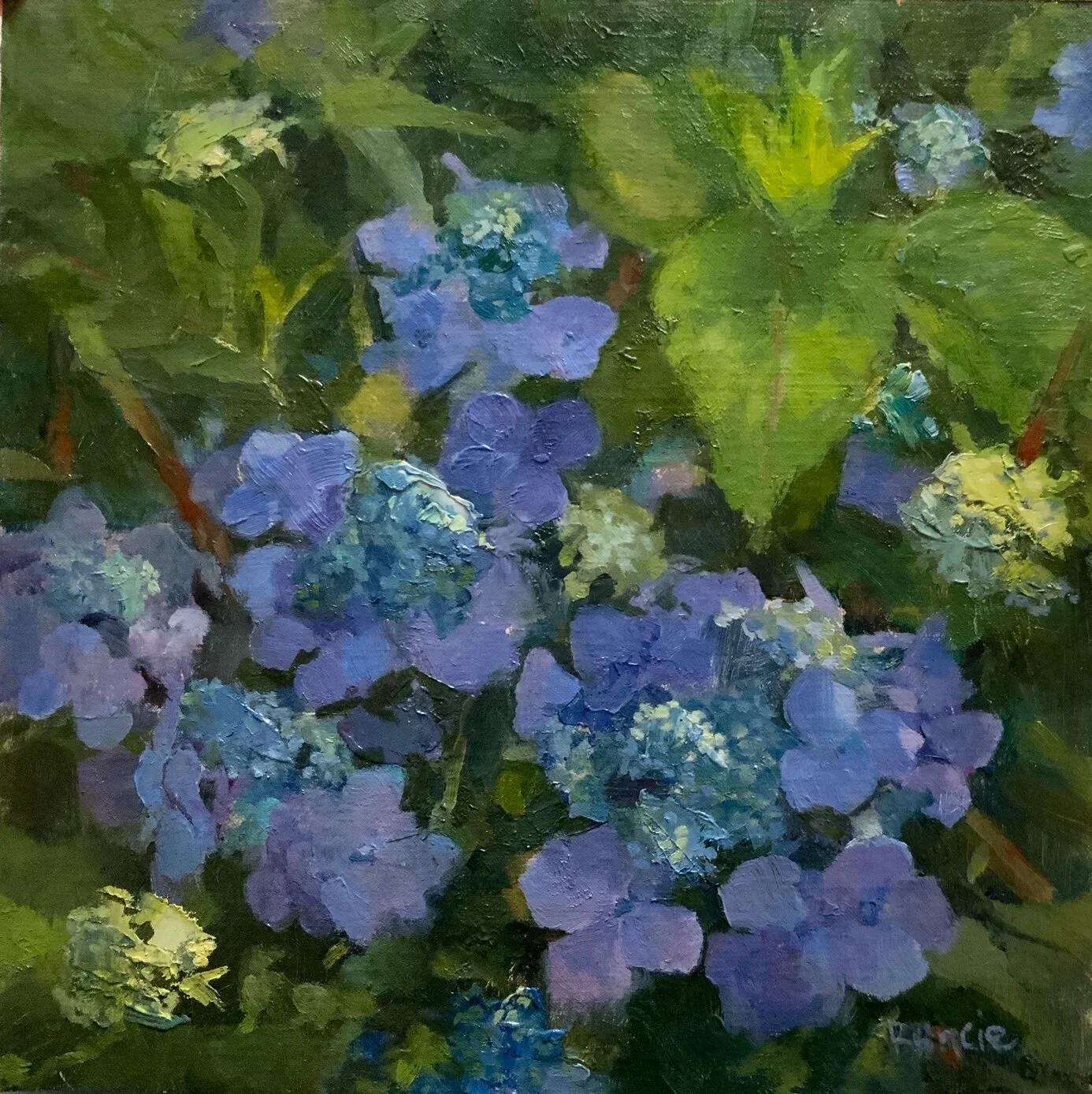 Peg Runcie , Big Blues Oil, 10 x 10 in. $900