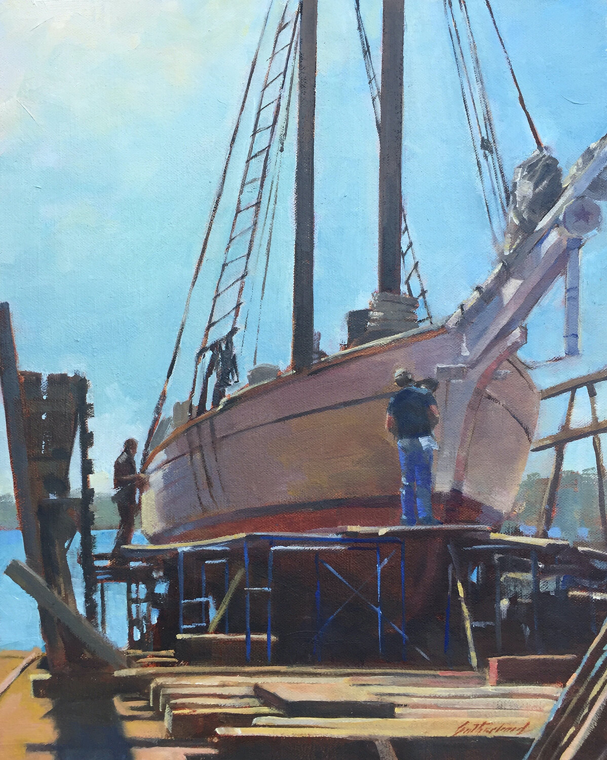 Janet Sutherland , Working On The Isaac H. Evans Oil, 11 x 14 in. $950