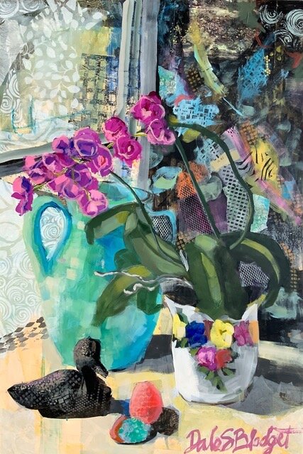 Dale Blodget , Orchid, Rocks, Decoy Acrylic, Collage, 36 x 24 in. $2,100