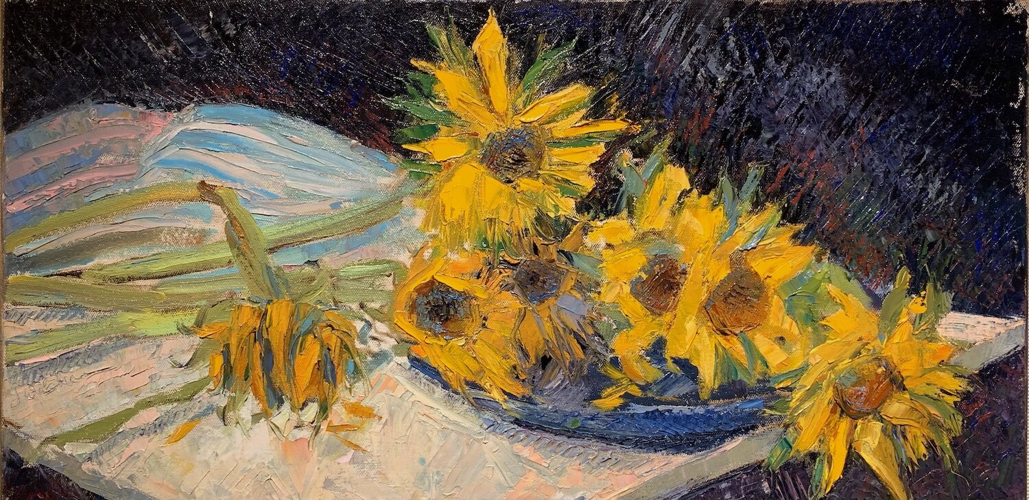 Janet Wolahan , Sunflowers Oil on canvas, 12 x 24 in. $1,200