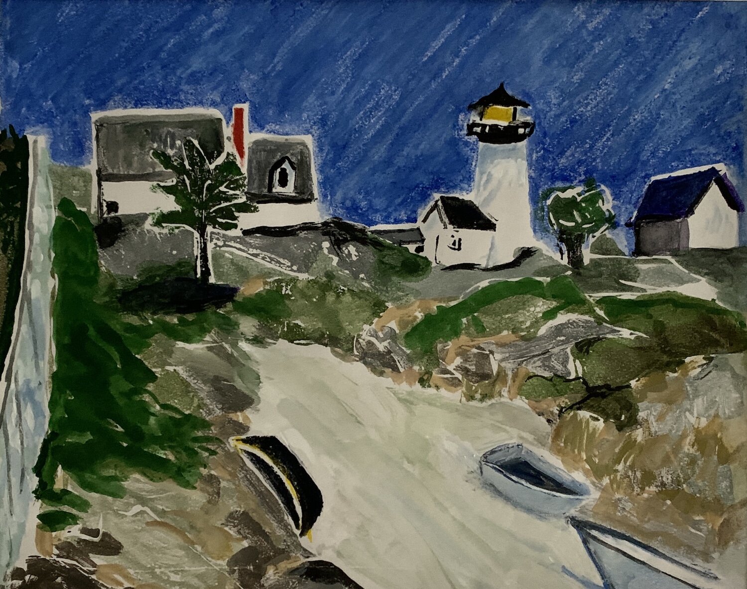 Jan Charles , Mirroring Squam Light in the style of Edward Hopper White line block print, 9 x 9 in. $300